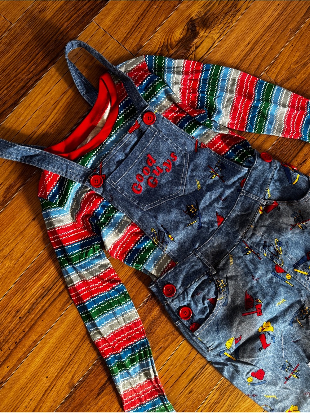 Chucky Costume — “Good Guys” Overalls with Multi-Color Striped Top - SMALL